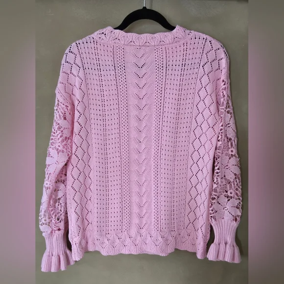 Unbranded Pink Crochet Knit Sweater with Lace Sleeves, Size XS (Oversized) - Picture 3 of 7